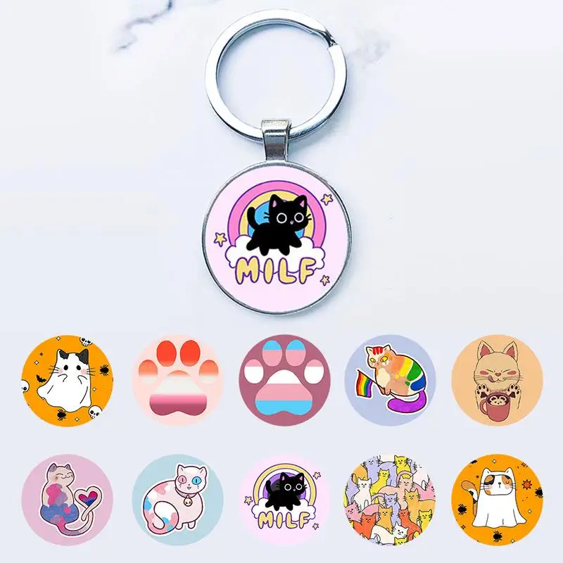 

Kawaii Pet Cat Pattern Glass Cabochon Pendant Gifts for Women Bag Keychains Cute Cat Animal key holder for cat lovers GYF211