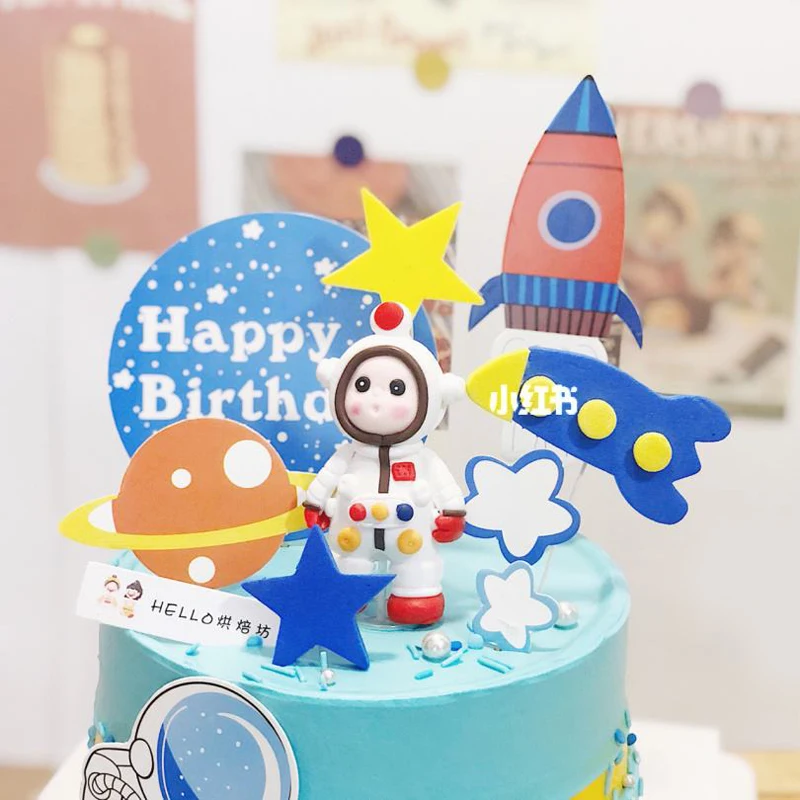 

Universe Stars Rocket Astronaut Moon Happy Birthday Letter Decoration Cake Topper Dessert for Children's Day Lovely Gifts