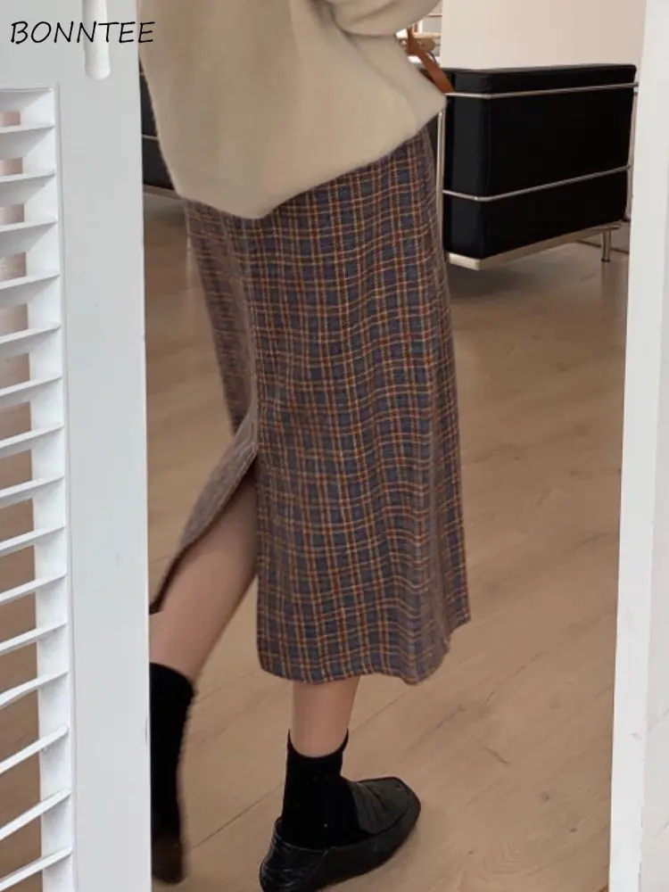 

Классические клетчатые миди-юбки, женские простые элегантные французские винтажные нежные элегантные универсальные юбки а-силуэта с высок...