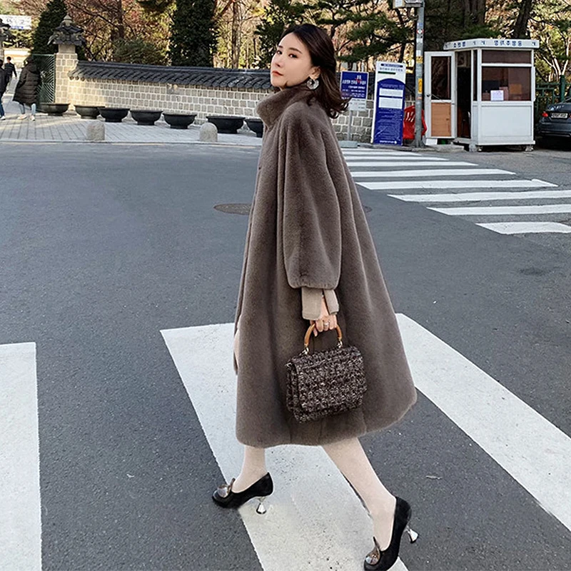 Women Winter Long Faux Fur Warm Coat Long Sleeve Female Thick Rex Rabbit Fur Jacket Casual Loose Style Oversize Ladies Outerwear