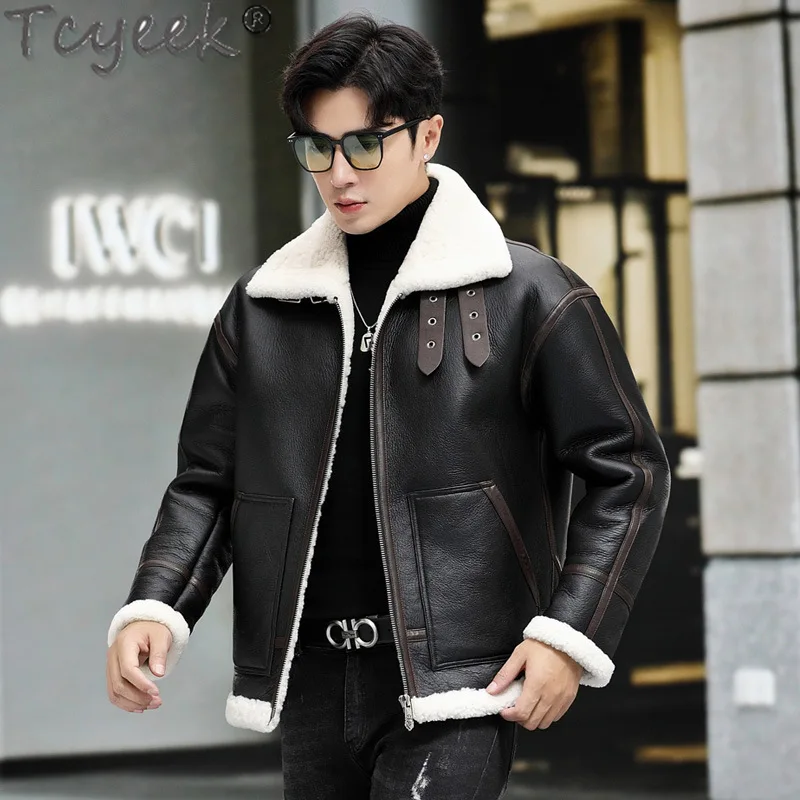 Мужская куртка из натуральной кожи Tcyeek теплая мотоциклетная шерсти зимняя