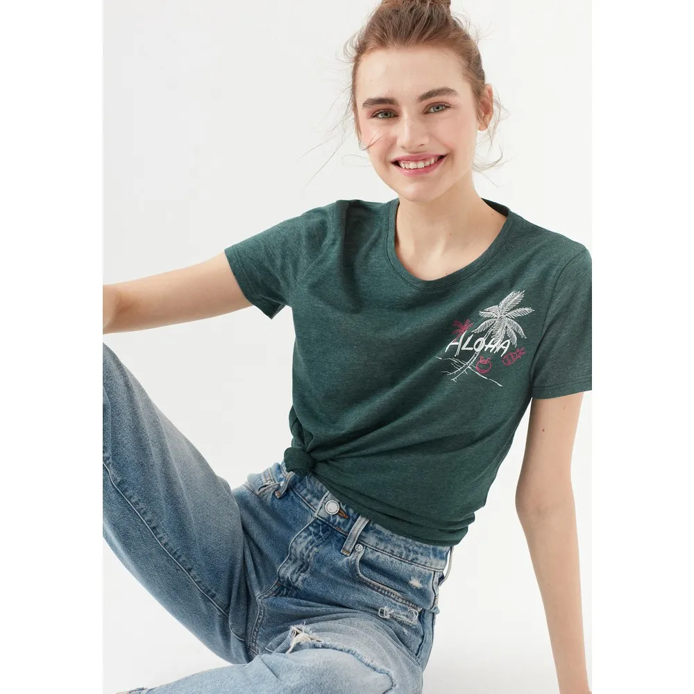 

Womens Aloha Printed Green T-Shirt 1600839-34678 T Shirt Y2K Top Nostalgic Summer Women T-Shirt Anime Bluz