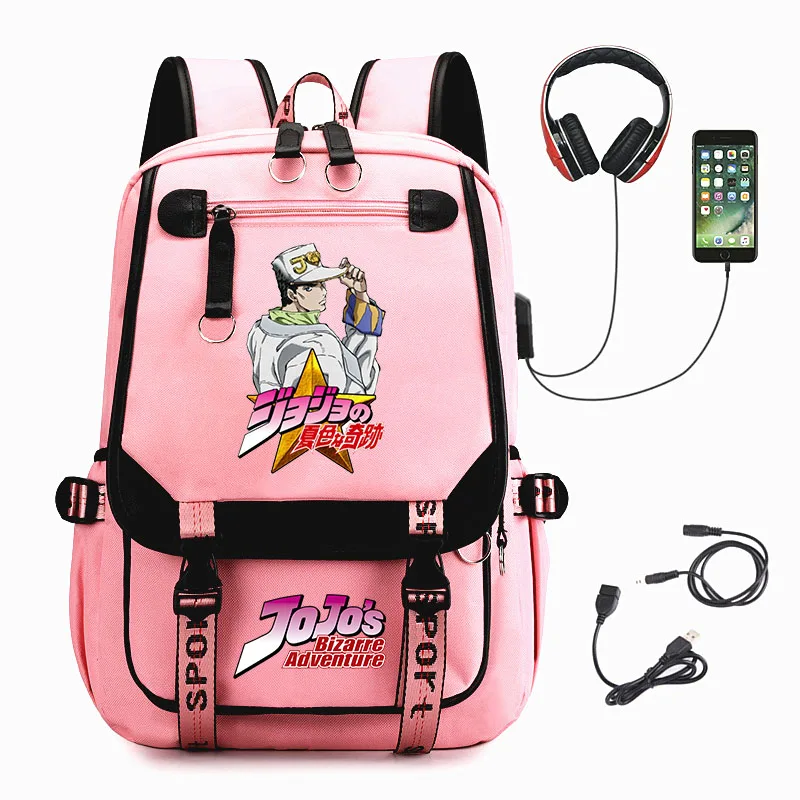 

JoJo's Bizarre Adventure Backpack USB Knapsack Teenager Student Bookbag Zip Unisex Schoolbag Cartoon Laptop Bag Nylon Packsack