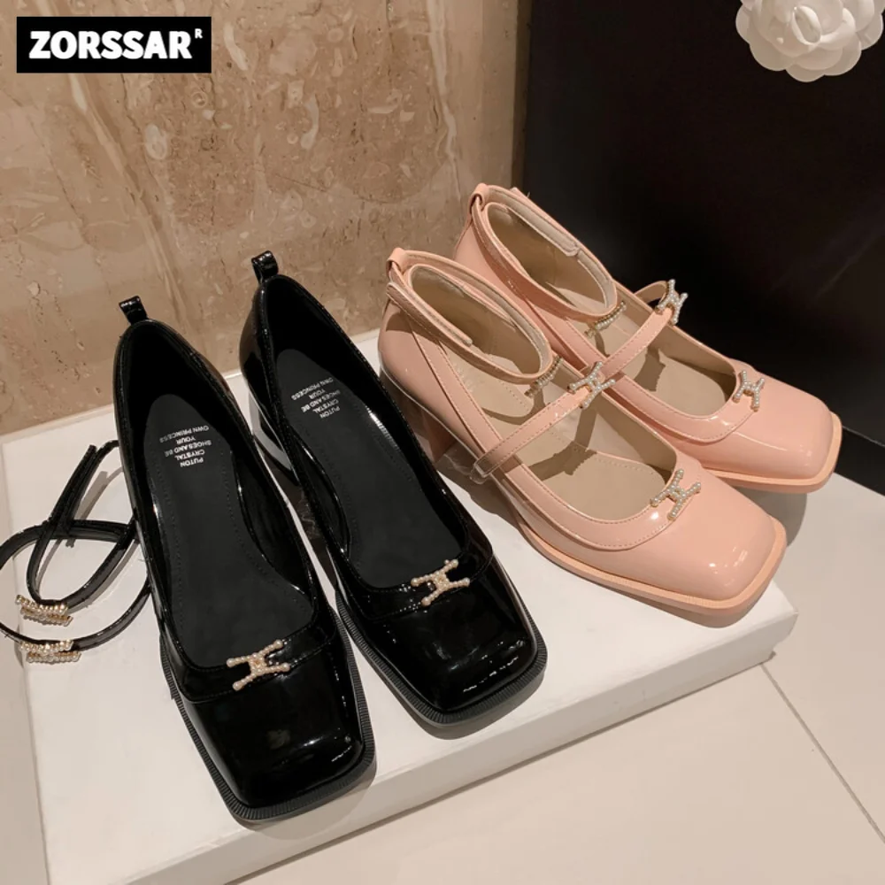 

2023 New Women Dress shoes Square toe Mid Heel Mary Janes Shoes Luxury brand Cow Leather Shallow Chunky heel office lady shoes