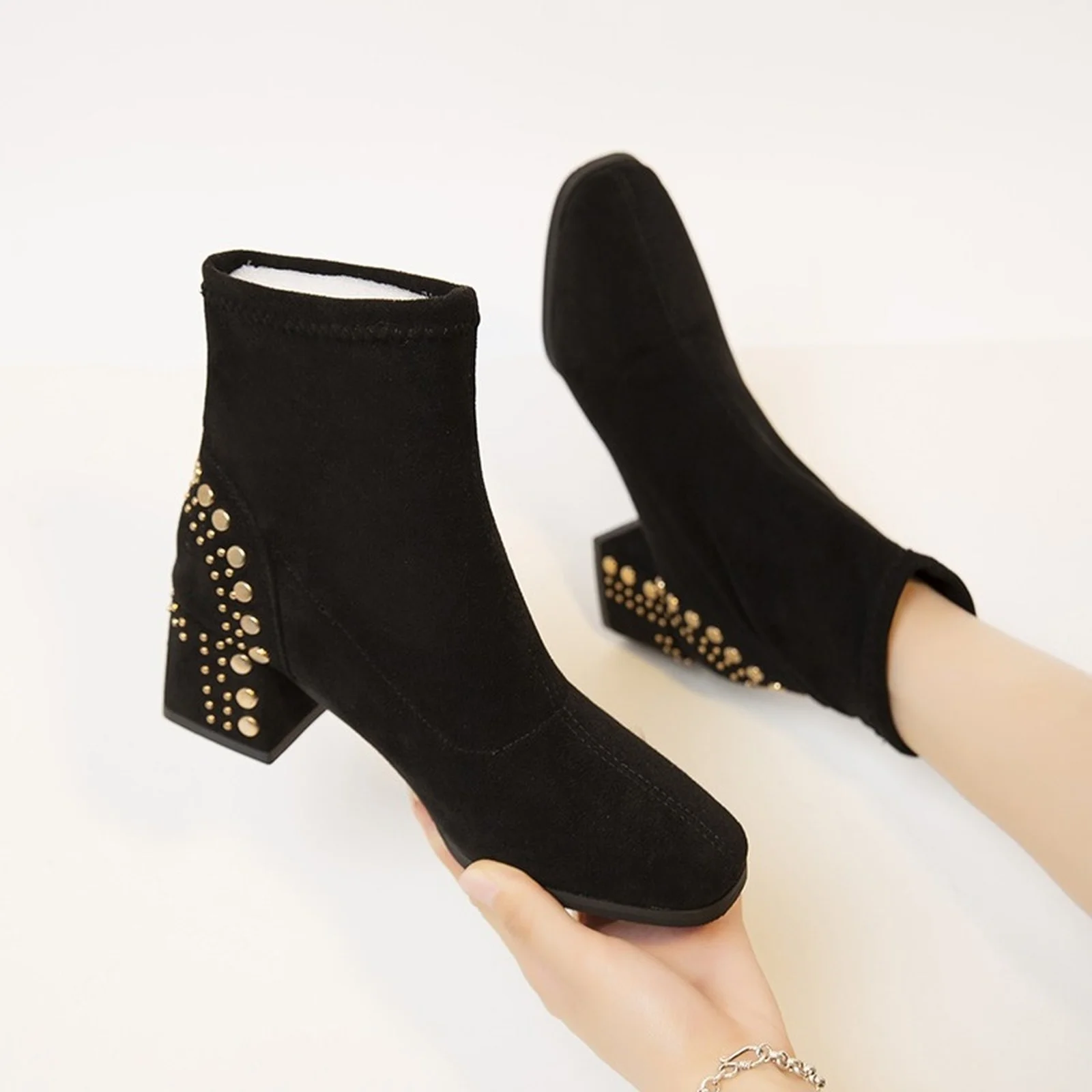

Studded black ankle boots elegant high heels women suede leather ankle boots women's winter warmth thick heel ankle boots women
