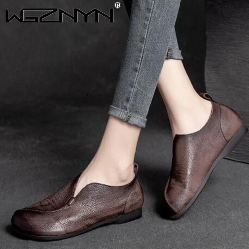 

Women Genuine PU Leather Shoes Woman Flat Flexible Slip on Round Toe Soft Retro Comfortable Fashion Casual Shoes for Women 2022