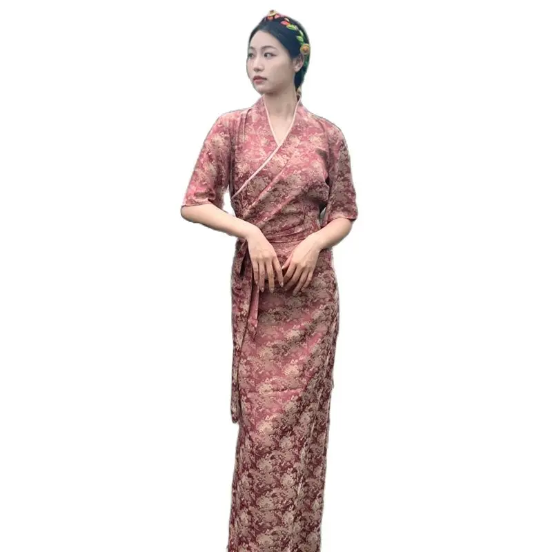 

Азиатское летнее платье, традиционный тибетский халат, Восточный Костюм, элегантная женская одежда в стиле Чонсам с рукавом до локтя