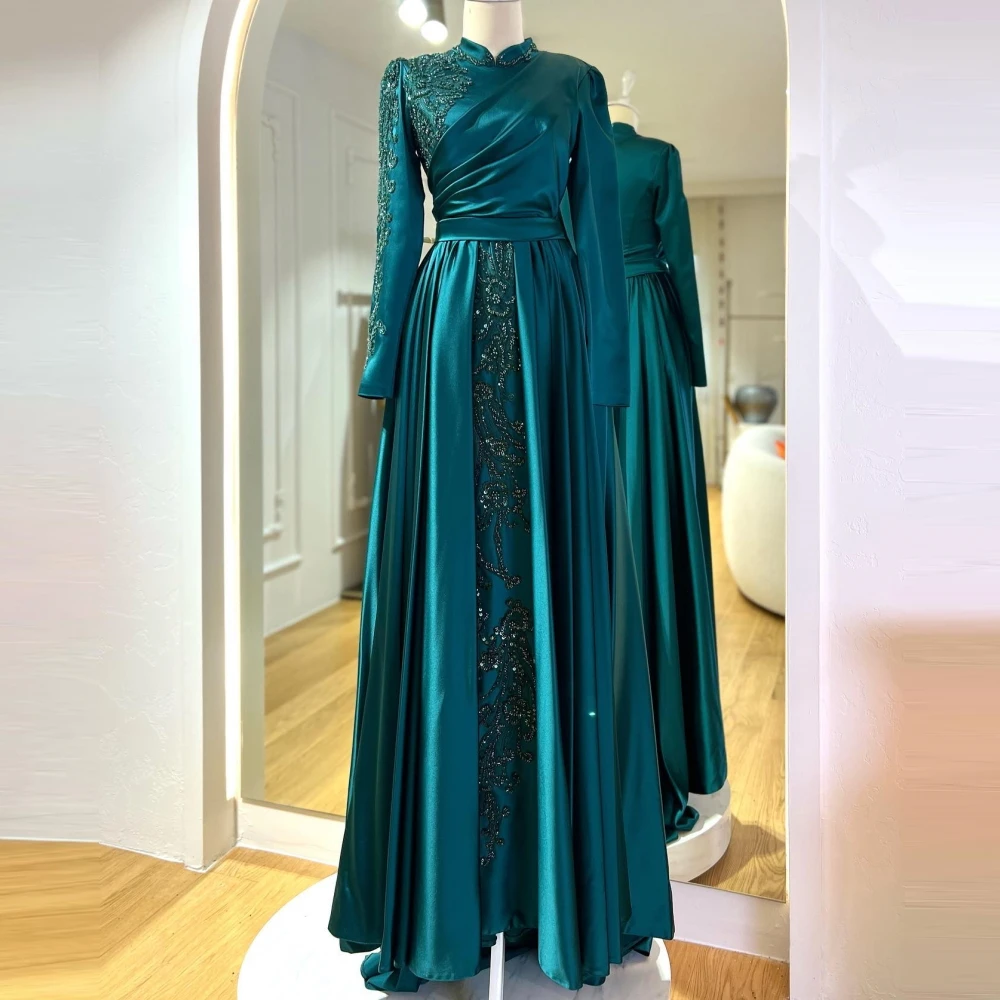 

Qcenkern Long Sleeves High Neck Floor Length Evening Formal Satin Sequined Party Dresses Gowns Women Robes de Soirée 2023