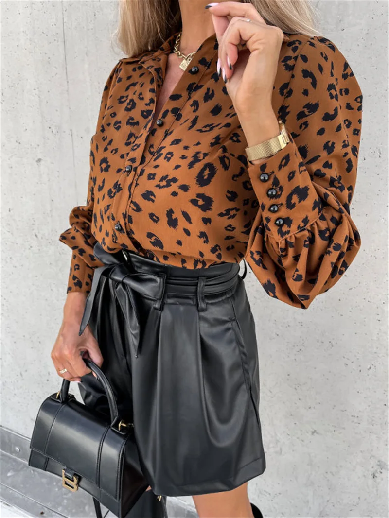 Модный атласный Шелковый топ с леопардовым принтом и высоким воротником