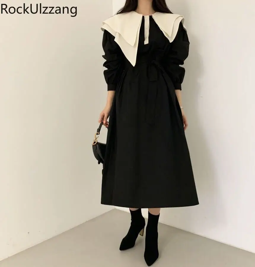 Женское контрастное длинное платье средней длины с поясом и бантом в Корейском