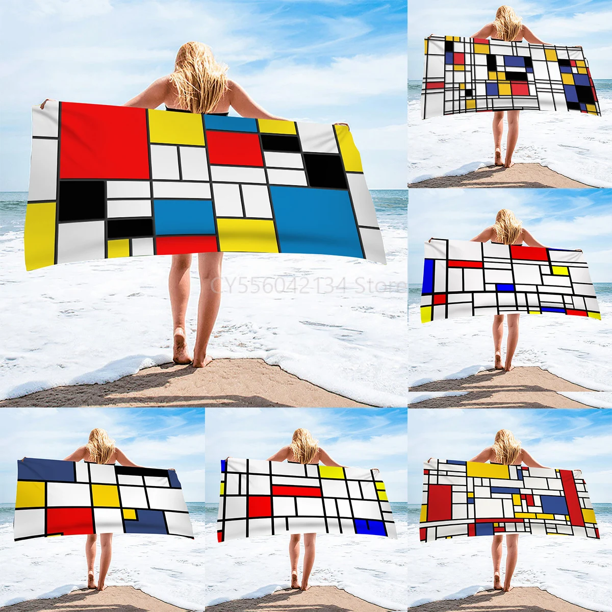 

Quick Dry Beach Towel Retro Abstart Geometric Mondrian Prints Microfiber Bath Towels Beach Swimming Personalized Towels