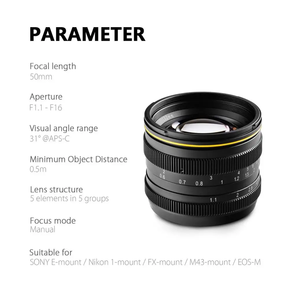 Фото Объектив Kamlan 50mm f1.1 APS-C с большой апертурой и ручной фокусировкой для беззеркальных камер Canon EOS-M, SONY E-Mount, Fuji X, M4/3 №4