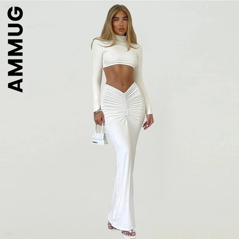 

Новый женский комплект Ammug, элегантная спортивная одежда, длинная юбка, женский костюм, простой комплект из 2 предметов, Длинный мягкий женск...