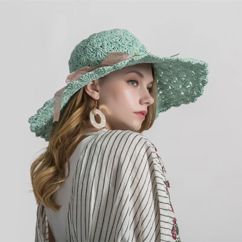 

Sombrero de sol plegable para mujer, sombrero de paja de rafia con lazo flores, delicate and elegant,ala ancha, playa, fashion
