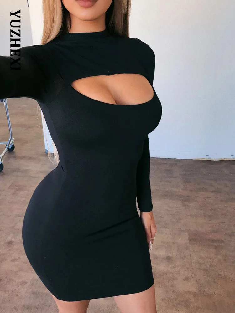 

Women Cut Out Long Sleeve Tight Short Dress Spring Autumn Solid Color O Neck Bodycon Casual Basic Mini Dresses Black Office Wear