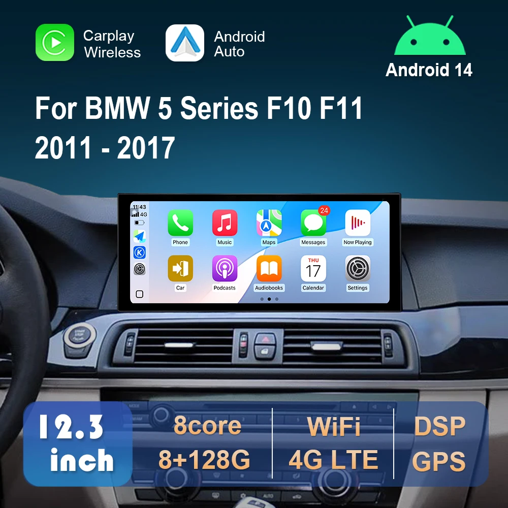 Фото Android 14 для BMW 5 серии F10 F11 2011 2012-2017 Автомобильный мультимедийный видеоплеер с сенсорным экраном Беспроводной Carplay GPS 4G Wi-Fi GPS №1