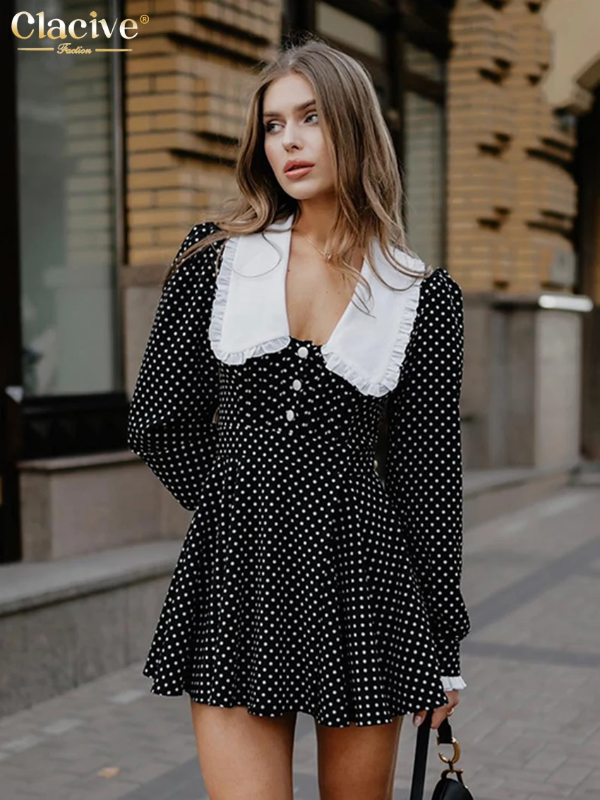 

Модное тонкое женское платье Clacive с принтом 2024, элегантные офисные мини-платья с длинным рукавом и кукольным воротником, винтажное Классическое женское платье