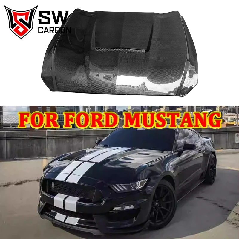Фото Передний капот в стиле GT350 из углеродного волокна для Ford Mustang 2015-2017, передний капот двигателя, крышка вентиляционного отверстия, комплект кузова автомобиля №1