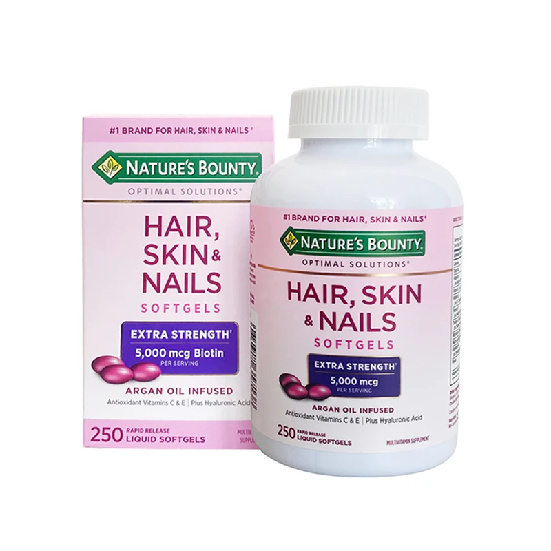 HAIR,SKIN & NAILS Softgels Extra Strength 5,000 mcg Biotin Antioxidant itamins C & E Plus Hyaluronic Acid 250 Softgels