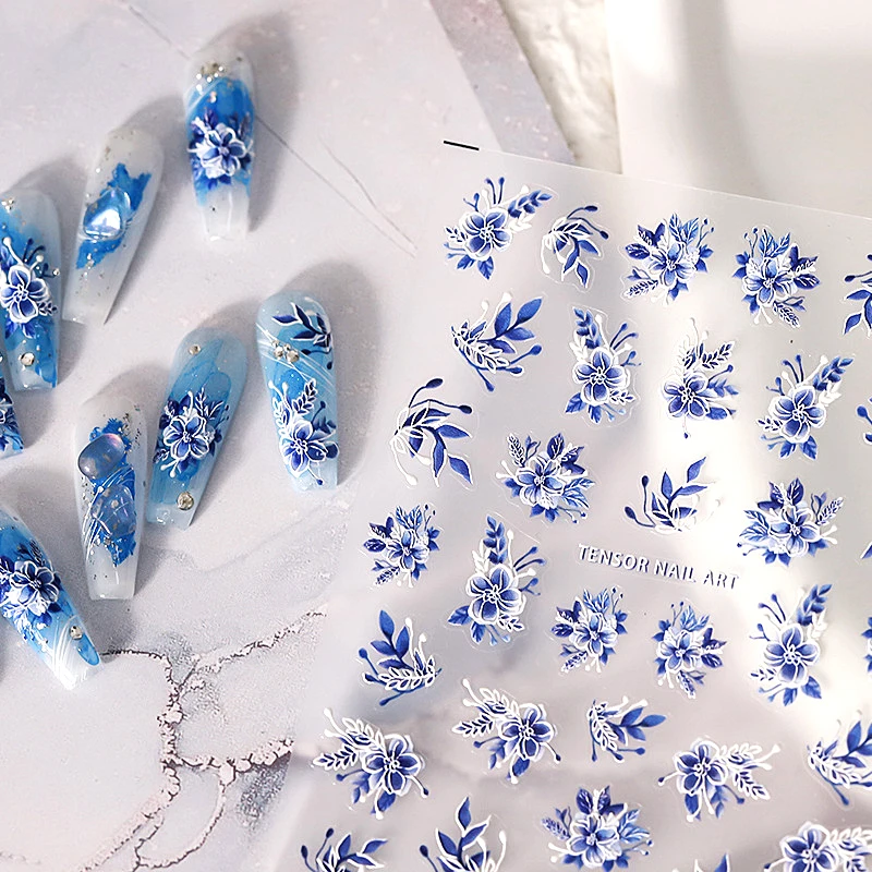 

Blue Gouache Flowers Design 5D Soft Embossed Reliefs Self Adhesive Nail Art Decoration Stickers Charm Lovely 3D Manicure Decals