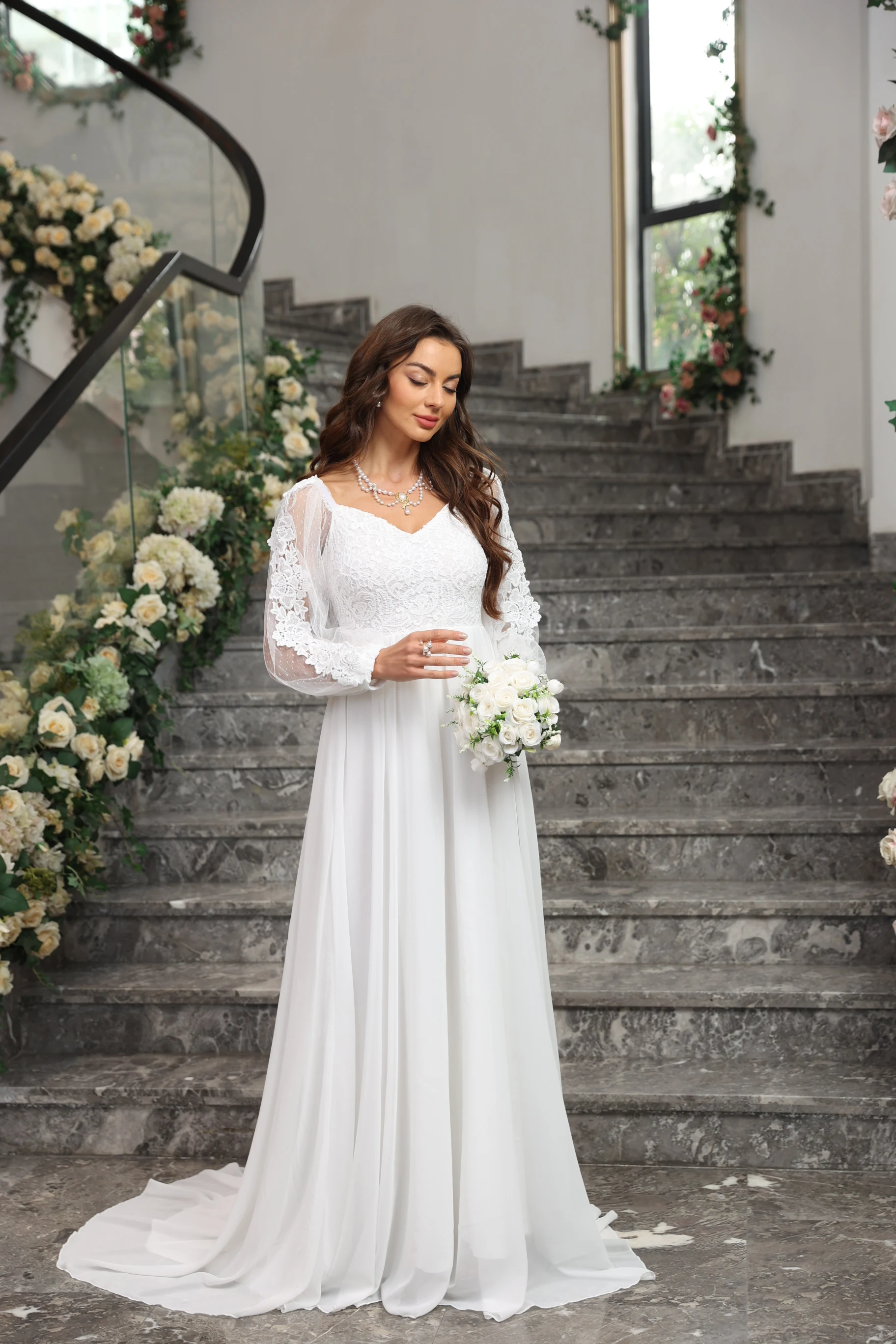 Элегантное женское свадебное платье с длинным рукавом роскошное вечернее