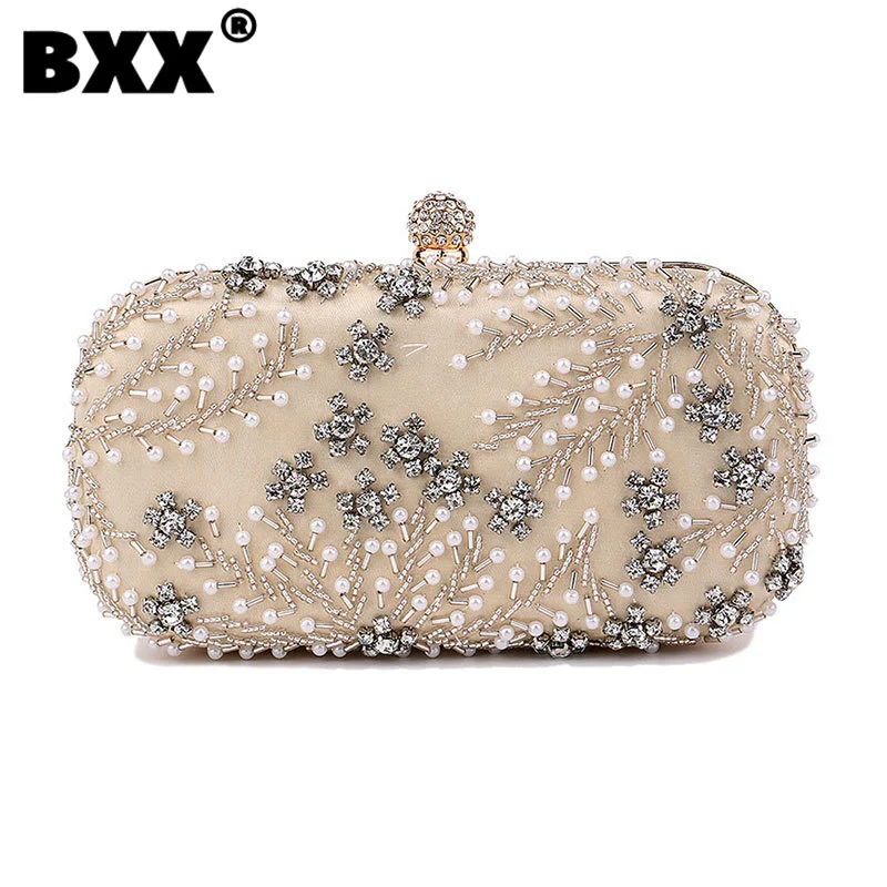 

[BXX] Elegant Diamonds Pearls Chain Women's Clutch Bags 2023 New Fashion Luxury Designer Dinner Versatile Shoulder Crossbody Bag