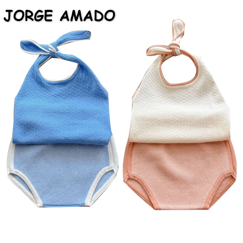 

New Summer Clothes for Baby Girl Sets Halter Knitwear Round Collar Open Back Camisole Vest+PP Bread Shorts Kids Clothing E2210