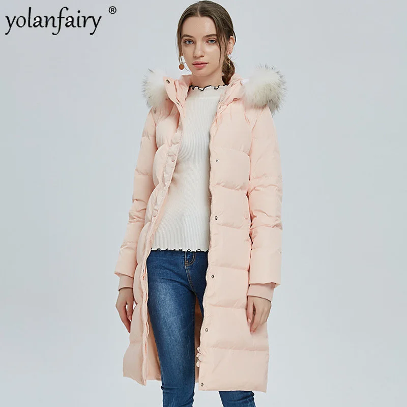 

Trendy 2023 Winter Down Jacket Women's Medium White Duck Down Coat Female Fox Fur Collar Hooded Thick Warm Coats Manteaux FCY