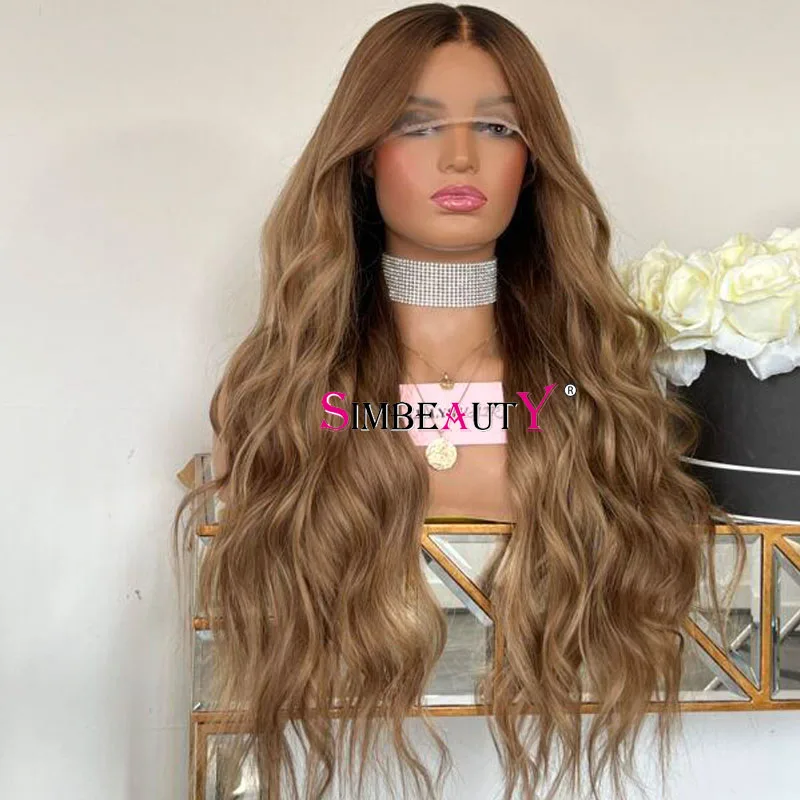 Недорогие парики из человеческих волос T-Part коричневые корни Омбре кремовые