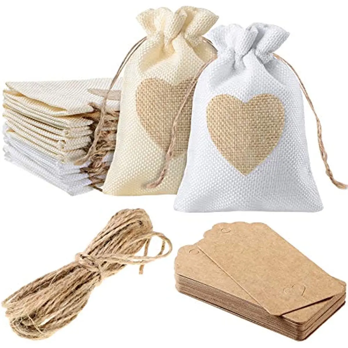 

24 Pieces Heart Burlap Bags Wedding Drawstring Bags Pouch Candy Bags Craft Tags for Wedding Party Supplies