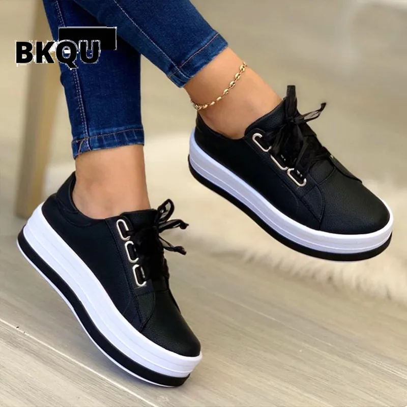 

BKQU Women Sports Shoes Lady Vulcanized Shoes Outdoor Platform Shoes Female Casual PU Fashion Sneakers Women Wedge Flats