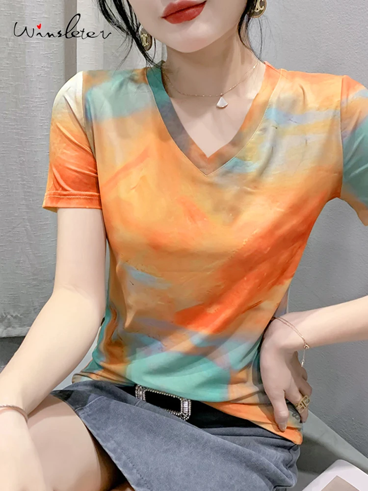 

Winsleter Summer European Clothes V Necks Tshirts Female Casual Print Slim Mesh Tops Short Sleeves Bottoming Tees New T36794JC