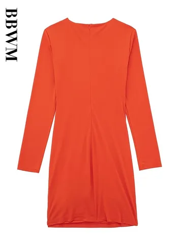 2023 Women Solid Color Folds Decorate Slim Dress O Neck Vintage Long Sleeve Mini High Street Dresses Chic Female Spring New