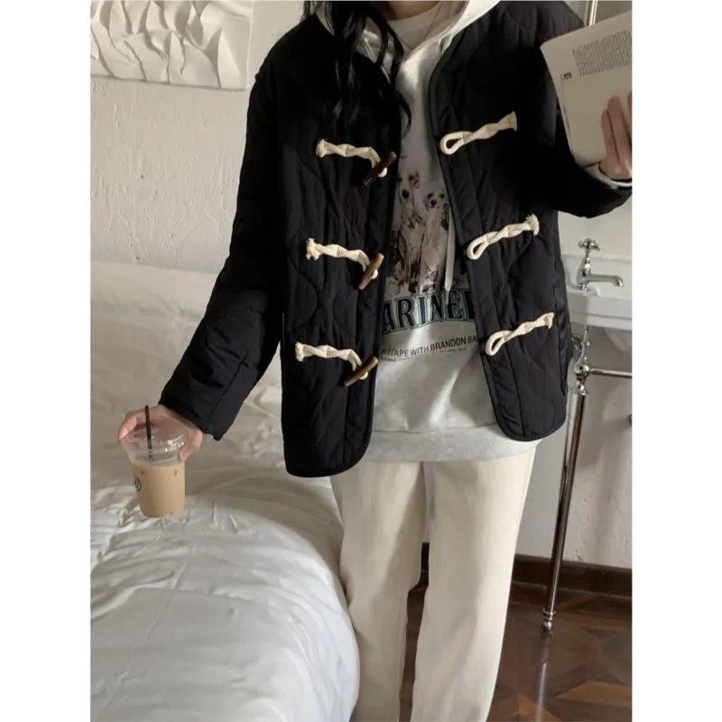 Cow Horn Button Rhombic Cotton Jacket For Women In Autumn Winter Vintage Style Medium Length Loose And Versatile Cotton Jacket