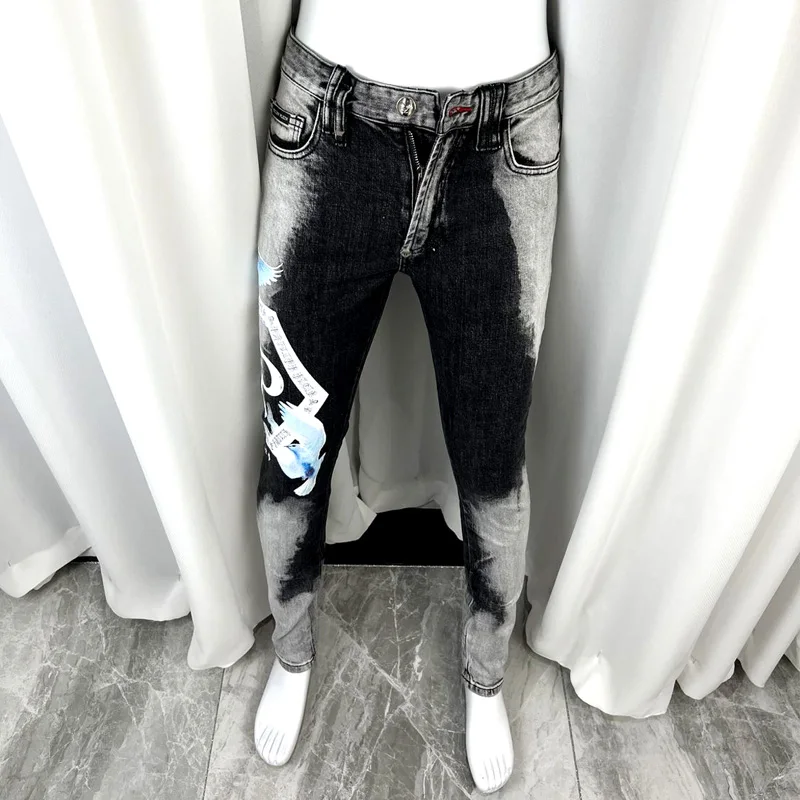 Street Fashion Men Jeans High Quality Retro Black Gray Elastic Slim Fit Printed Jeans Men Brand Designer Hip Hop Pants Hombre