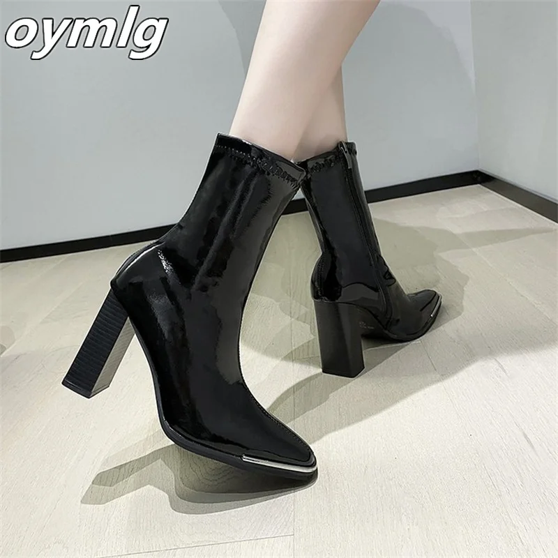 

Patent Leather Thick Heel Short Boots Women's 2022 Autumn New Zipper Square Toe Boots High Heel Thin Fashion Boots