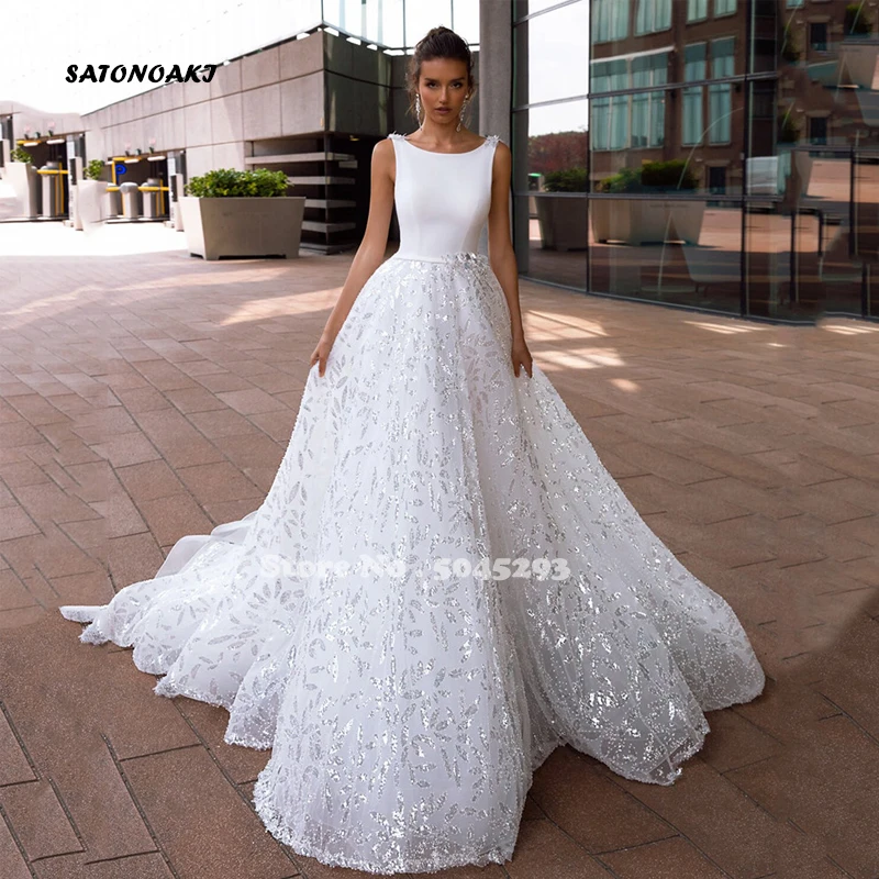 

Boho Glitter Scoop Neck Wedding Dress 2022 Sleevesless Open Back Sequined Sweep Train Bridal Gown Vestidos De Novia Custom Made