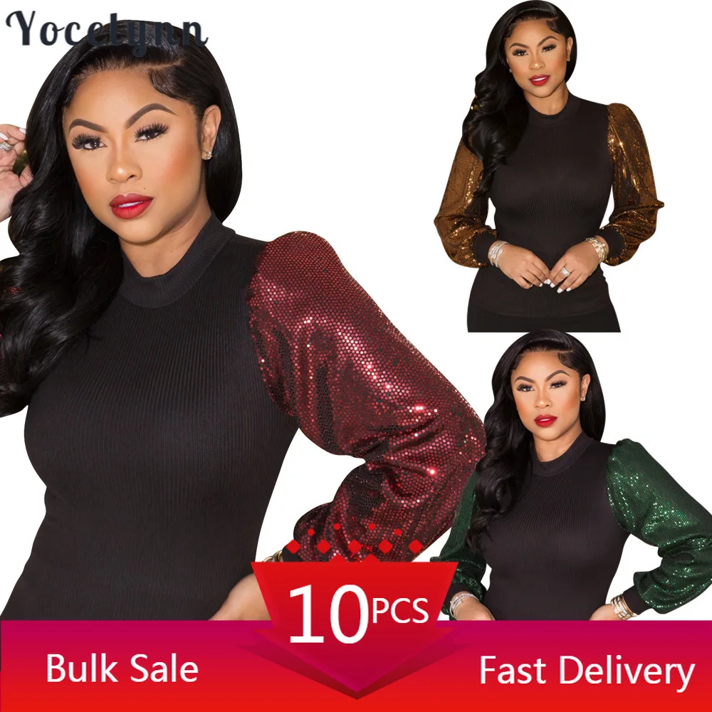 

Wholesale Items for Business Women Puff Long Sleeve Patchwork Knitted Shirt for 2022 Blouse Tops Spring Elegant Party Clubwear