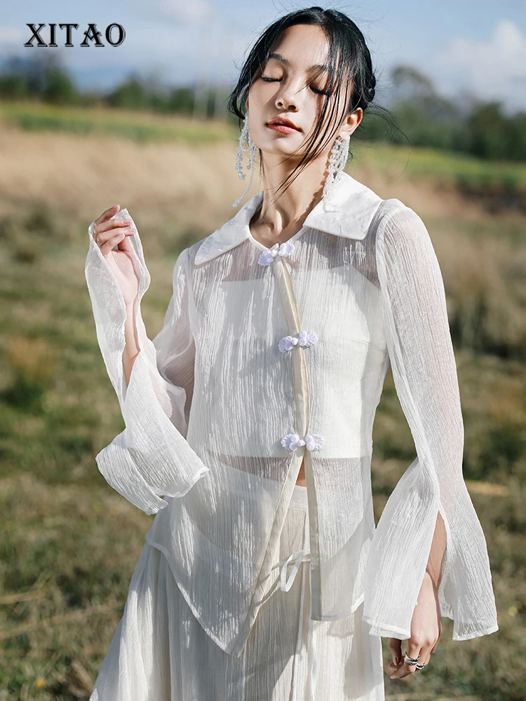 

XITAO Fashion Asymmetrical Vintage Shirt Solid Color Casual Simplicity Temperament Turn-down Collar Perspective Top WMD6641