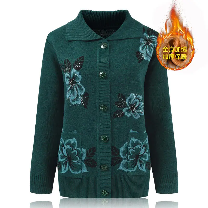 

Вязаный кардиган с воротником-поло, свитер, женские свитера для среднего возраста, зимние и осенние однобортные вязаные кардиганы, T02