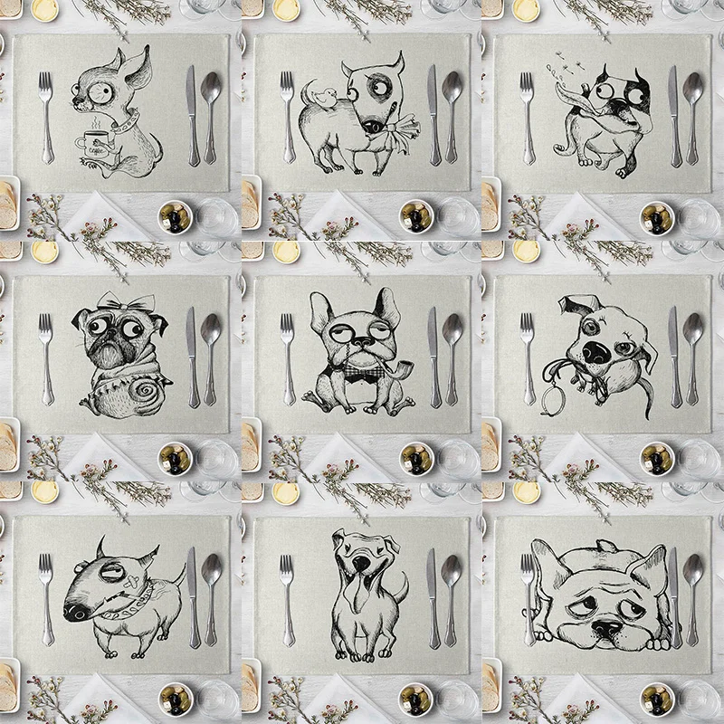 

Funny Dog Pattern imitation linen Placemat For Dinner Table Mat For Coffee Tables Tableware Plates Cup Pads Kitchen Accessories