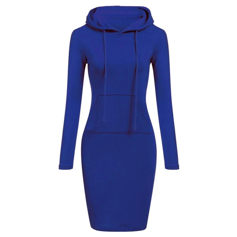 

Casual Long Sleeve Hooded Dress for Women Autumn Winter Solid Color Sportswear Ladies Fashion Pocket Pullover Sweatshirts Dress