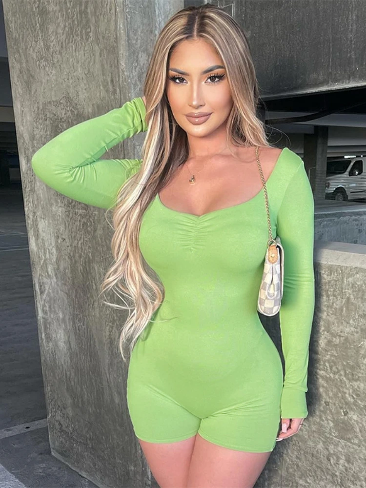 

Solid High Waist Playsuit Folds Sexy Rompers Long Sleeve Womens Jumpsuit Patchwork Bodysuit Streetwear One Piece Ropa De Mujer