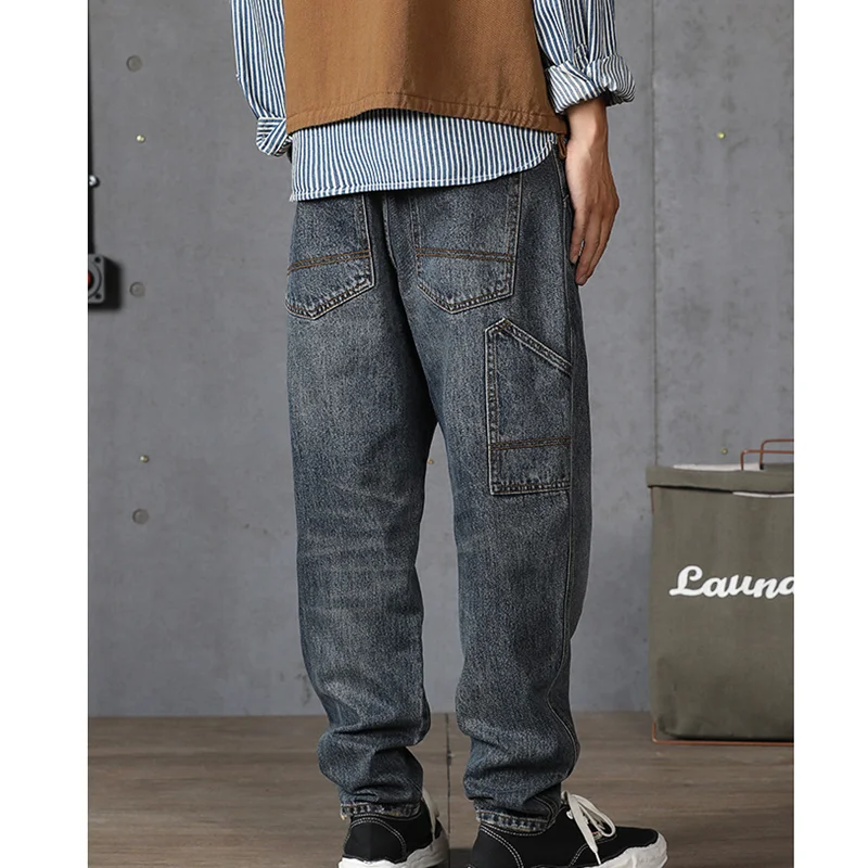 Streetwear Men Large Loose Broad Leg Navy Blue Jeans 2022 Autumn New Pattern Falling Feeling Mopping The Floor Trousers Female