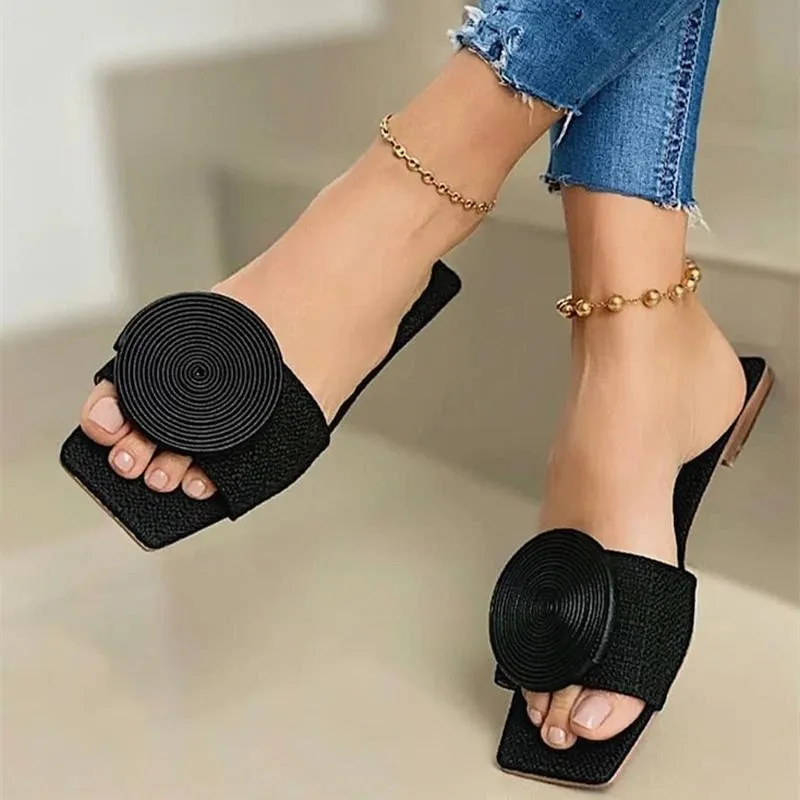 

Summer New Women Flat Sandals Round Buckle Solid Color Casual Slippers 2022 Fashion Beach Open Toe Shoes