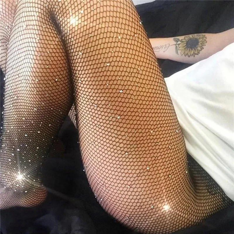 

See Through Mesh Foot Leggings Women Hot Hollow Out Hole Diamonds Body-Shaping Pants Sexy Sheer Party Midnight Clubwear Trousers