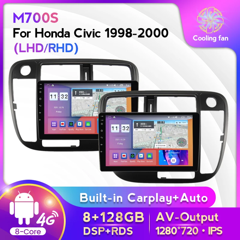 

9inch 2Din Android 11 8+128G Car Radio Stereo For Honda Civic 1998-2000 Multimedia Player GPS Navigation Carplay+Auto WIFI 4G BT