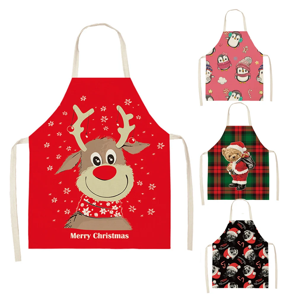

Merry Christmas Cotton Linen Sleeveless Aprons Kitchen Women Pinafore Christmas deer Home Cooking Baking Waist Bib