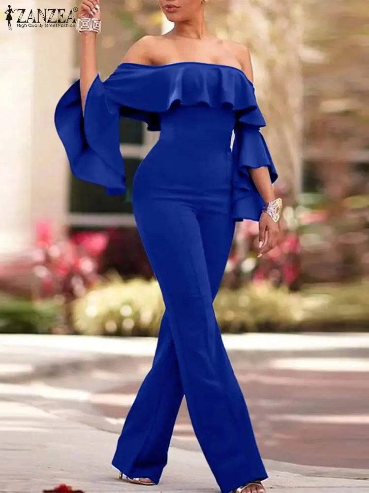 

ZANZEA Ruffled Sleeve Elegant Party Overalls Fashion Women Jumpsuits Off Shoulder Sexy Skinny Playsuits Long Pant Long Rompers