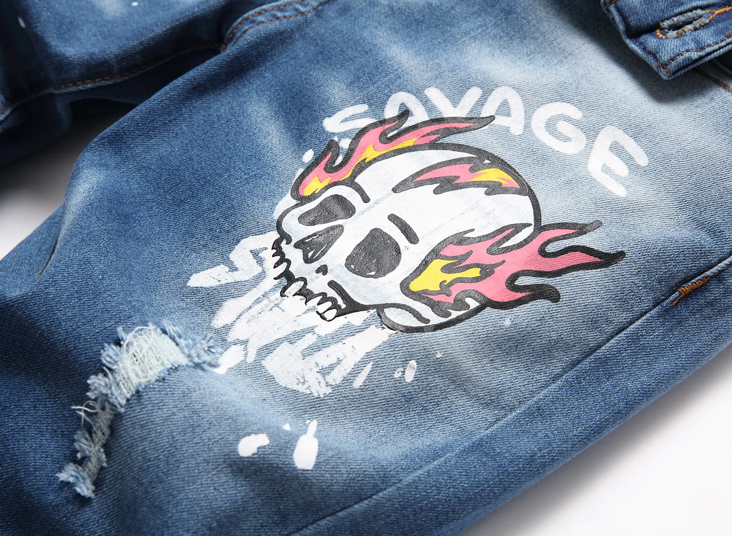 Men Skull Flame Printed Denim Jeans Streetwear Skateboard Rivet Punk Stretch Pants Ripped Patchwork Slim Straight Mens Trousers